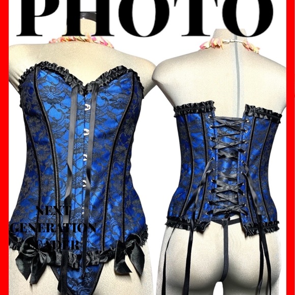 *NEW*Gorgeous Sexy Blue and Black Women Bustier Corset Set Lace Up Bone… - Picture 3 of 17